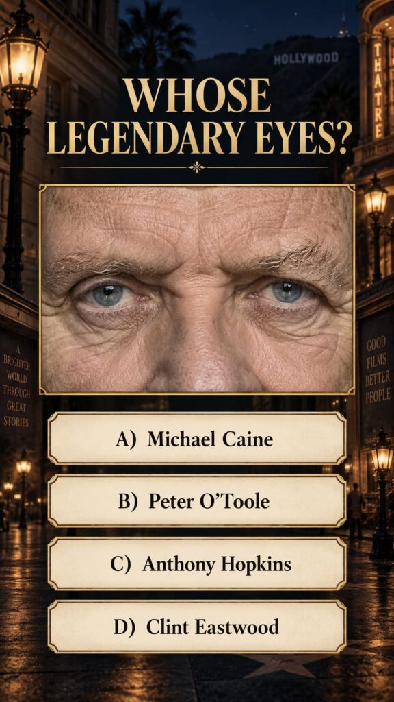 A close-up of Anthony Hopkins eyes with a penetrating gaze as if from the quiz