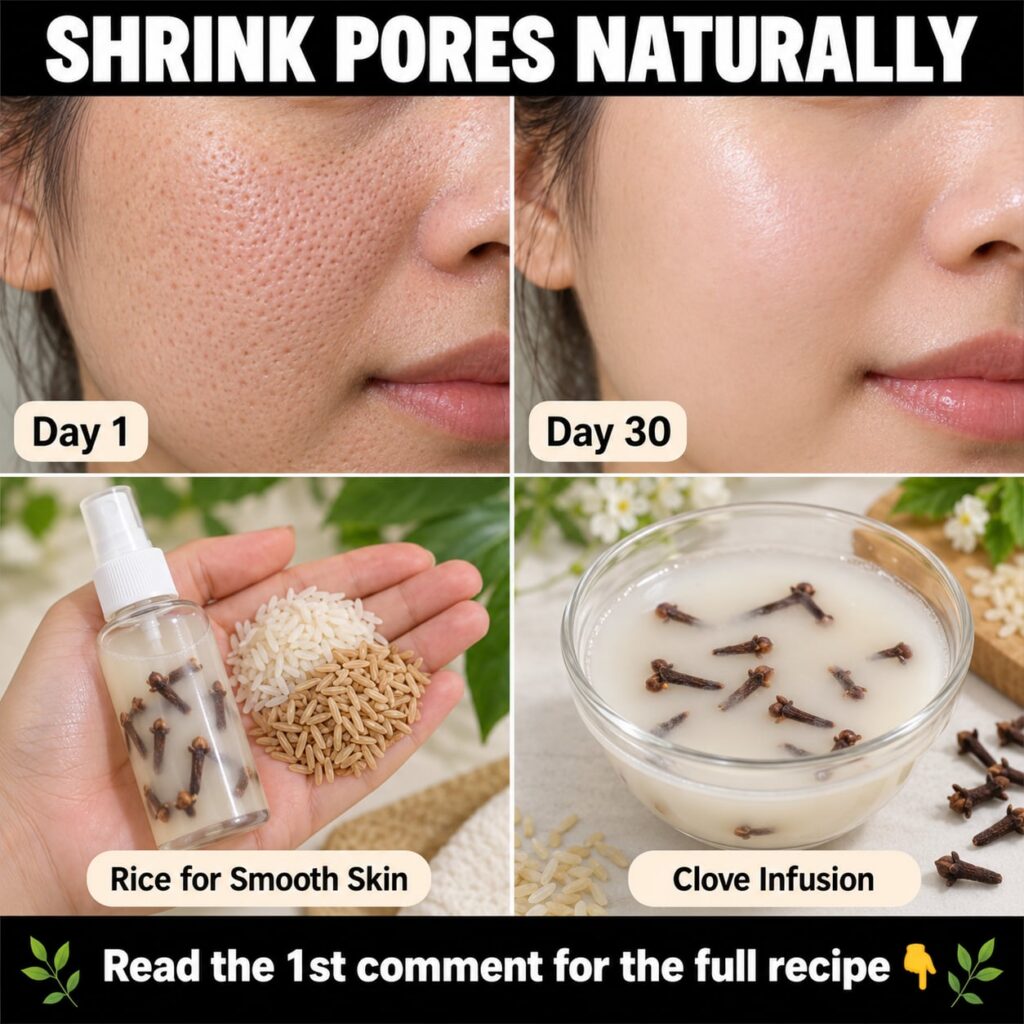 A split image showing a before side with visible pores and dull skin and an after side with noticeably smaller pores smo