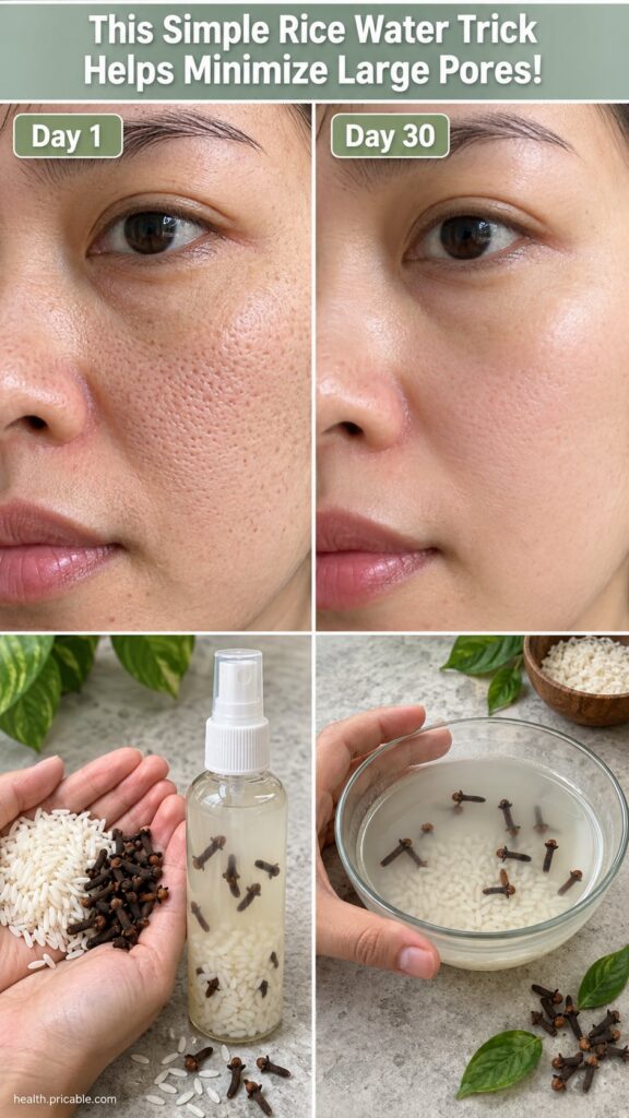 A close-up shot of a small glass bottle filled with a light milky liquid symbolizing rice water with a few whole cloves