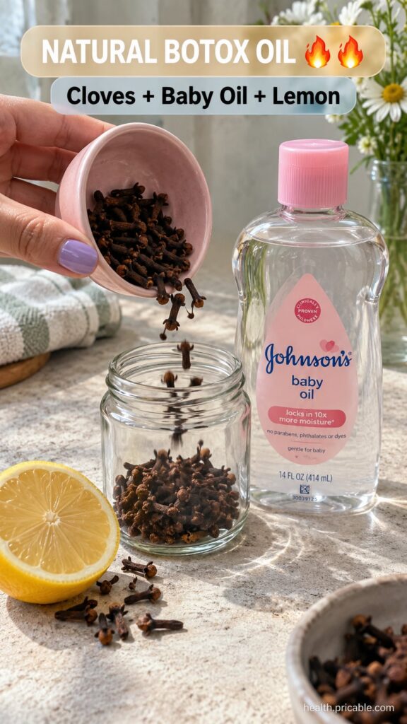 Ingredients for DIY botox oil a small bowl of whole cloves a bottle of baby oil and a fresh lemon all arranged on a rust