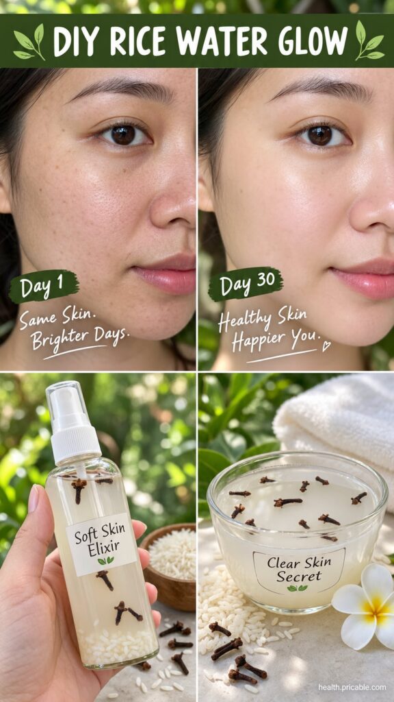 Before and after comparison of skin showing reduced pore visibility and a brighter complexion after using a rice water a