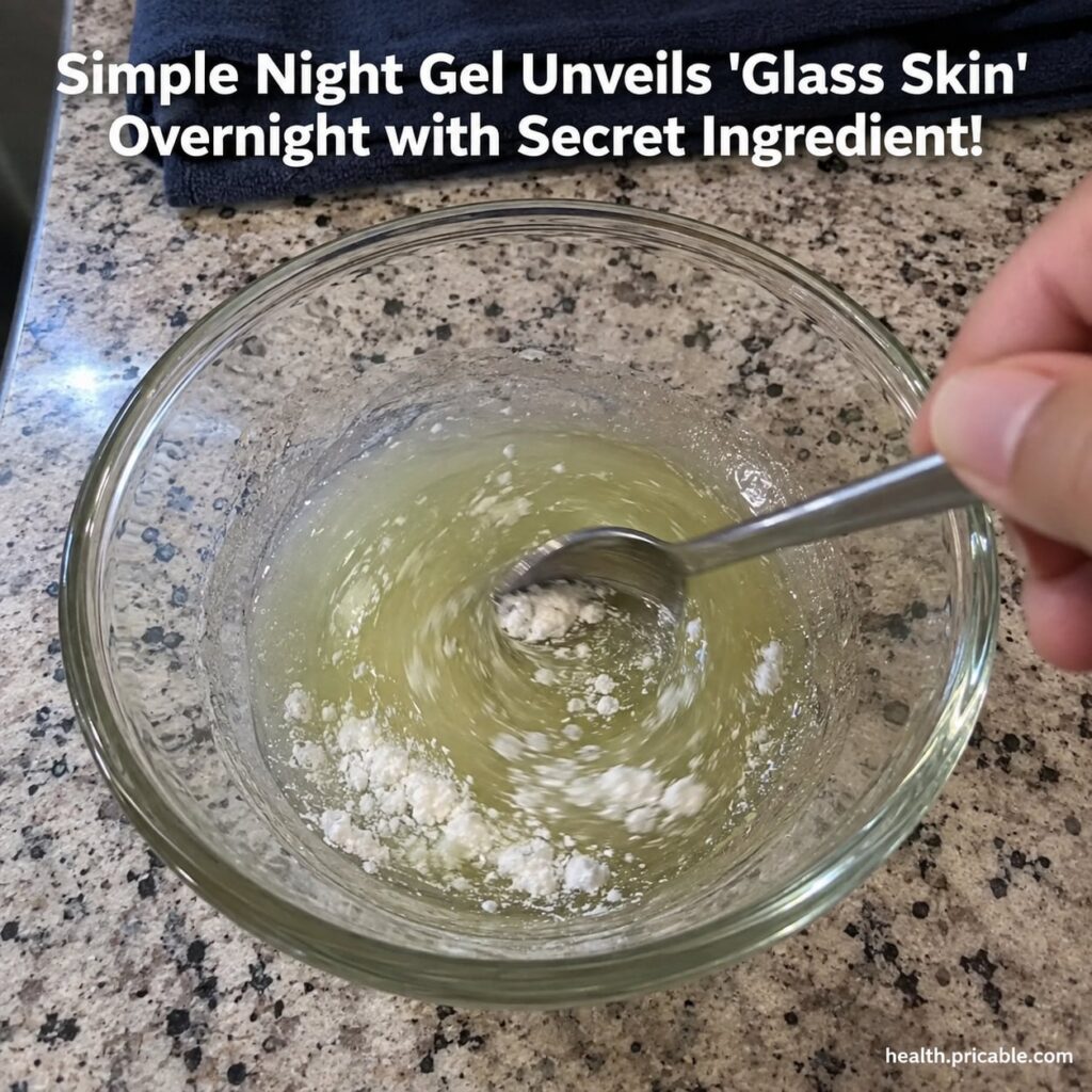 A woman applying a clear gel to her face at night with a soft glow to her skin