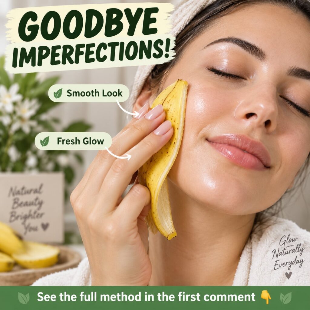 A person gently rubbing the inside of a fresh banana peel on their cheek demonstrating a natural skincare trick The back