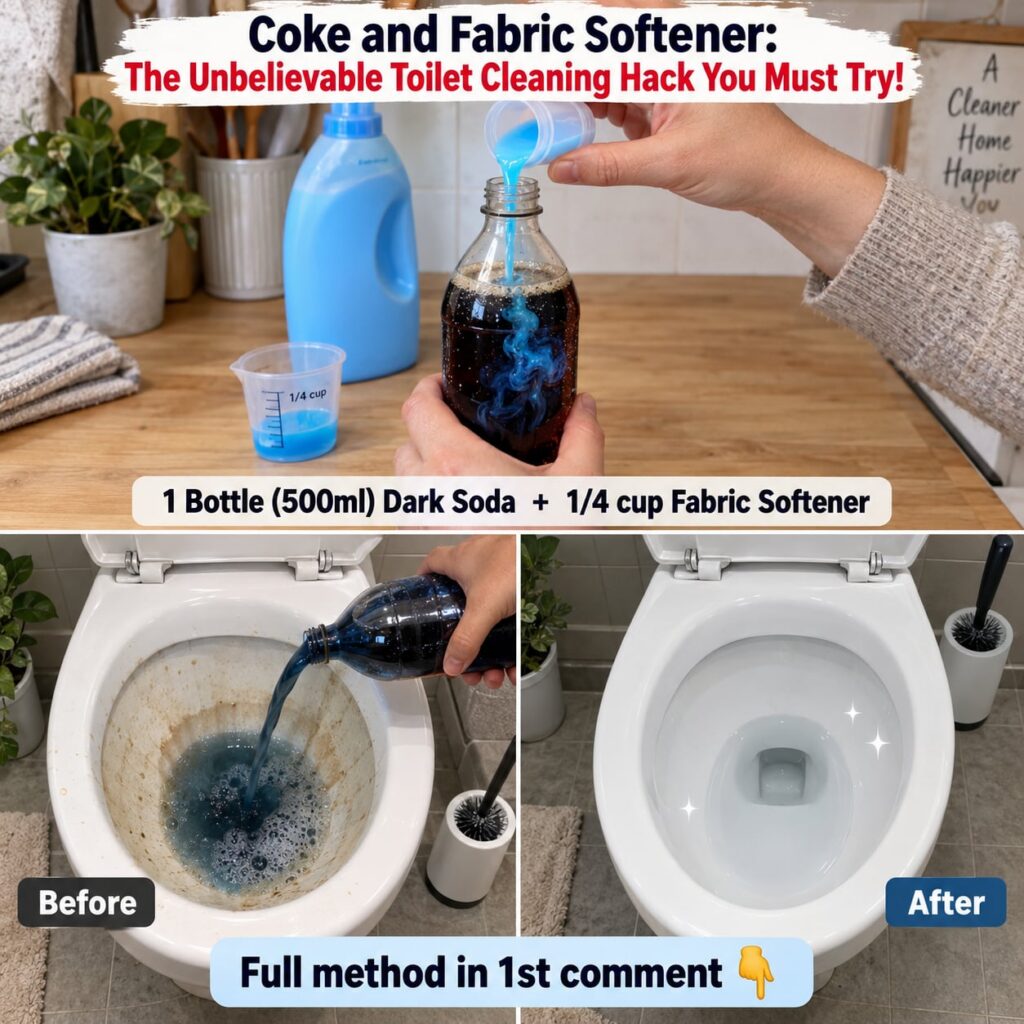A toilet bowl with a can of cola and a bottle of fabric softener nearby suggesting a DIY cleaning method
