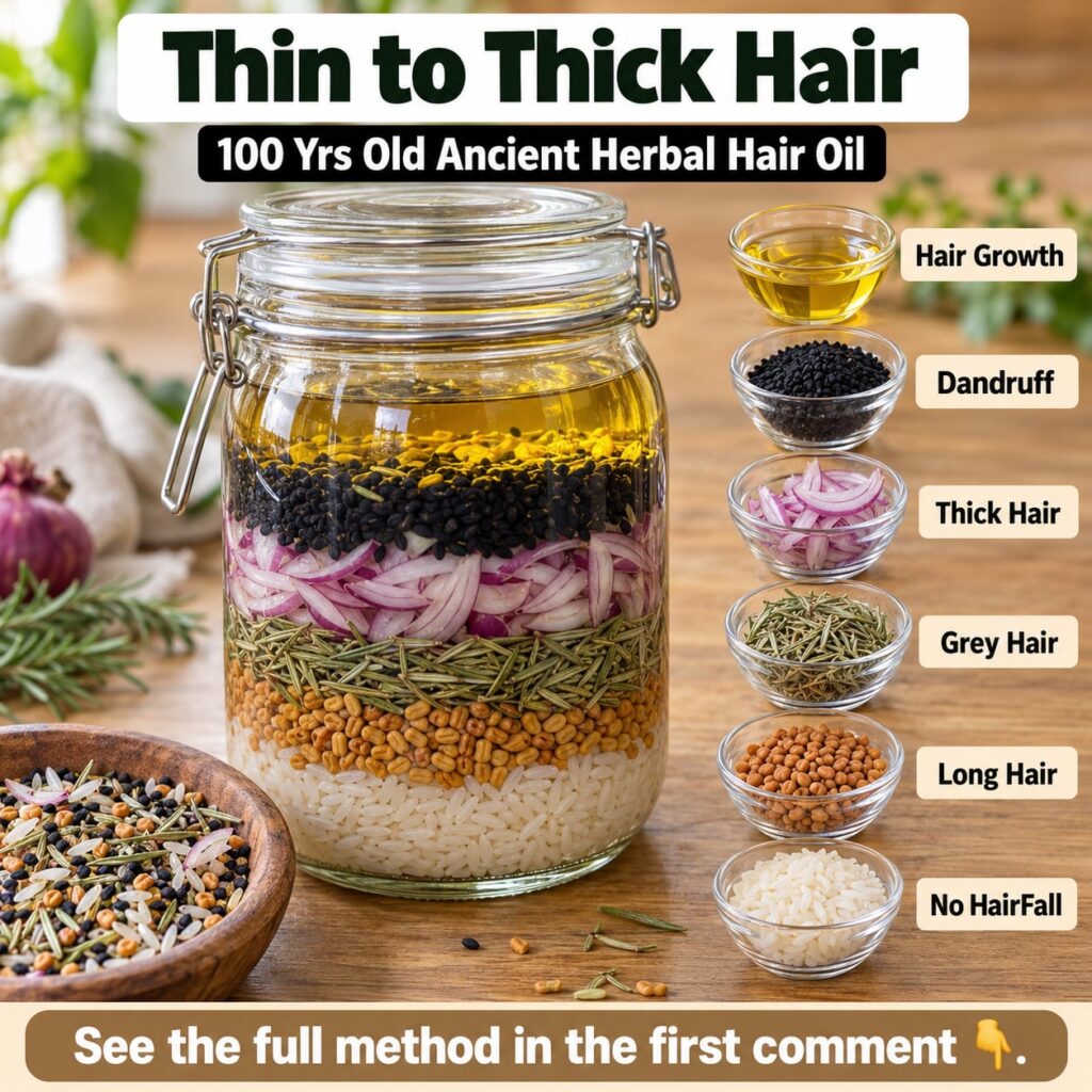 A traditional homemade herbal hair oil in a glass bottle with some raw ingredients like rosemary fenugreek seeds and a s