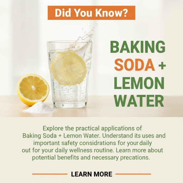 A glass of water with lemon slices and a small bowl of baking soda next to it on a wooden surface suggesting a natural r