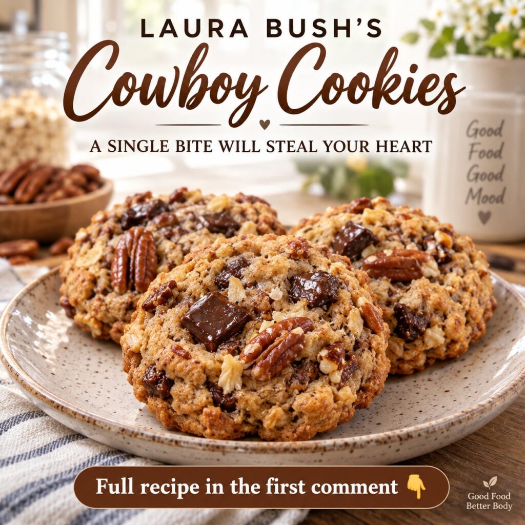 A plate of freshly baked Laura Bush s Cowboy Cookies featuring visible chocolate chips oats and pecans The cookies are g