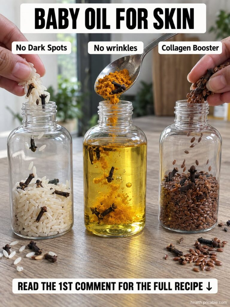 A close-up of a glass bottle of baby oil with a small bowl of rice turmeric powder and flaxseeds beside it on a rustic w