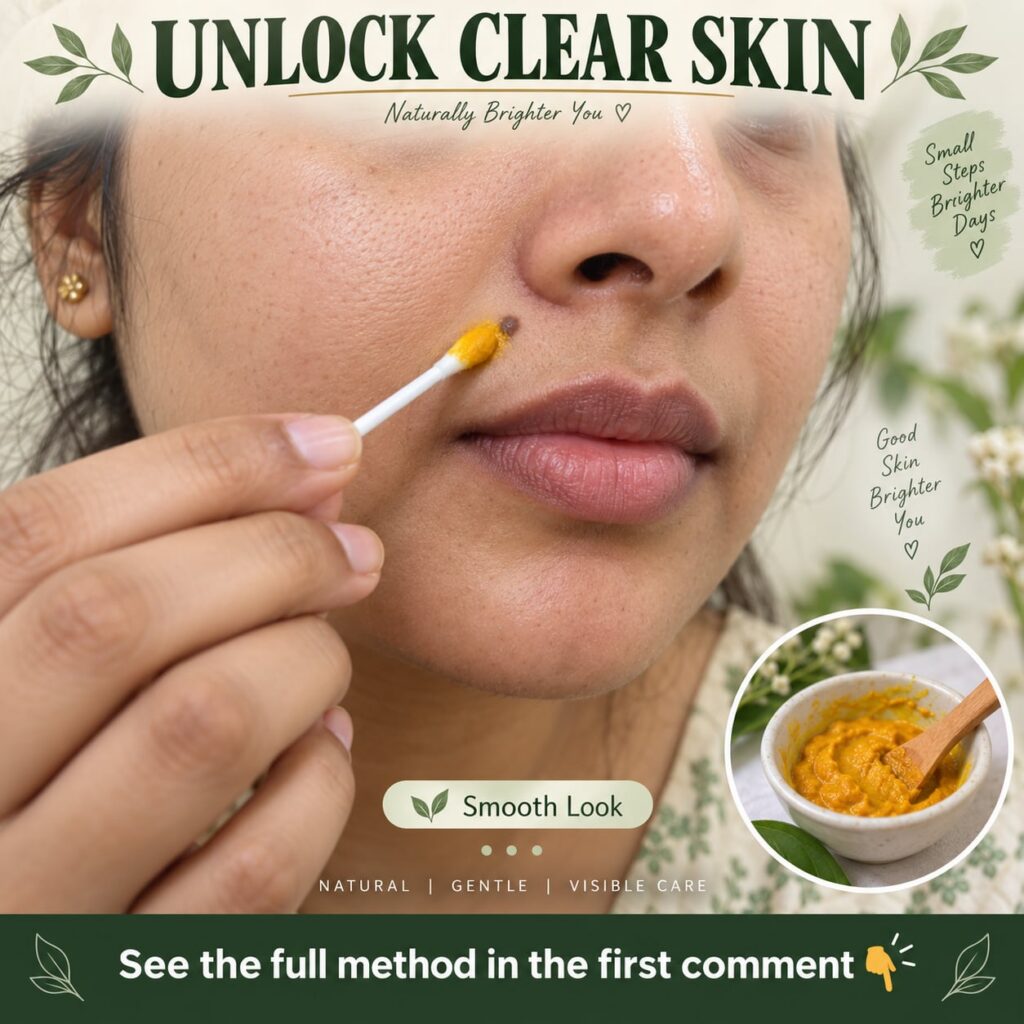A hand applying a yellow paste to a wart on a finger with a small bowl of yellow paste and natural ingredients like turm