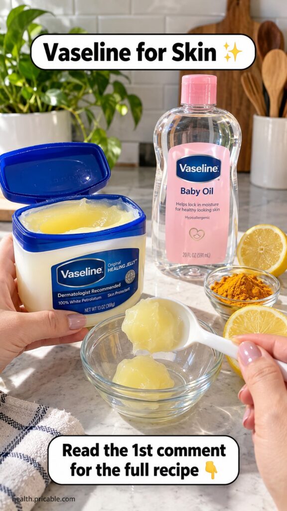 A small bowl containing a yellow paste made of Vaseline lemon and turmeric with a fresh lemon slice and a jar of Vaselin