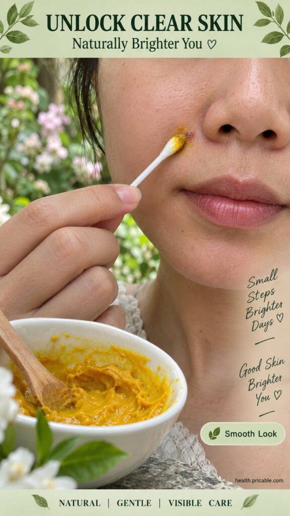 A small ceramic bowl with a yellow paste inside a spoon and a fresh turmeric root with a blurred background of healthy s
