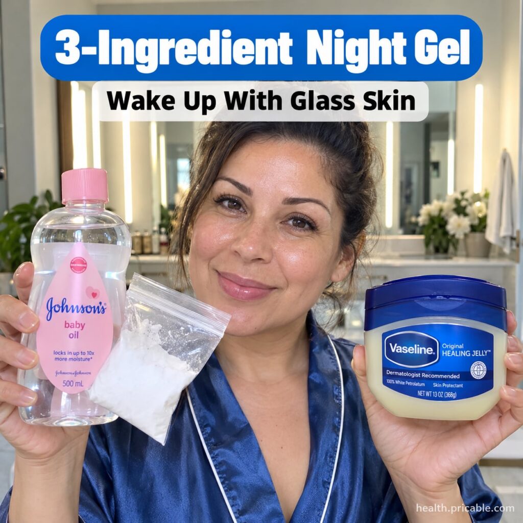 A woman waking up with luminous dewy glass skin a small jar of night gel on her bedside table