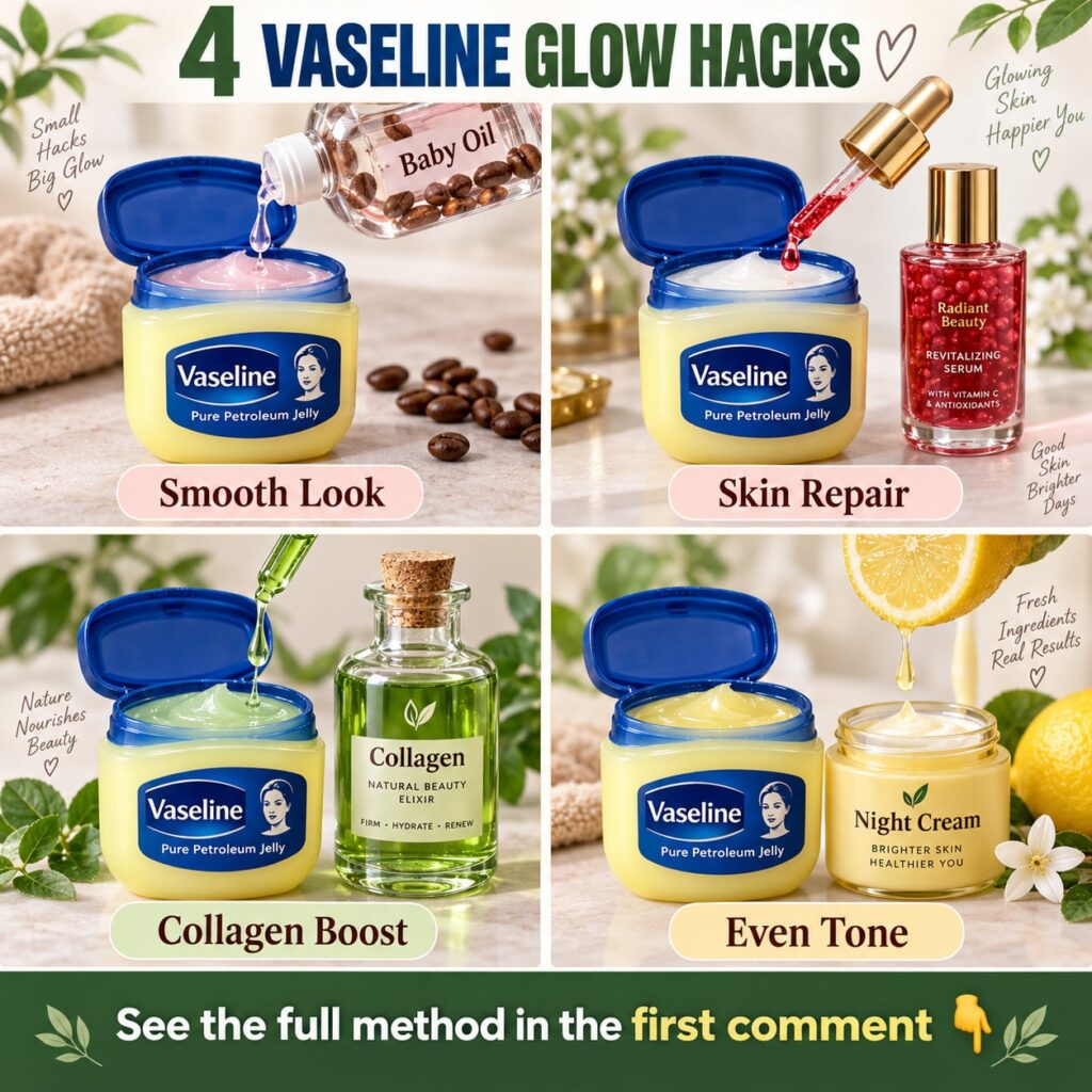 A tub of Vaseline petroleum jelly placed on a clean light-colored surface possibly with some other small simple beauty i