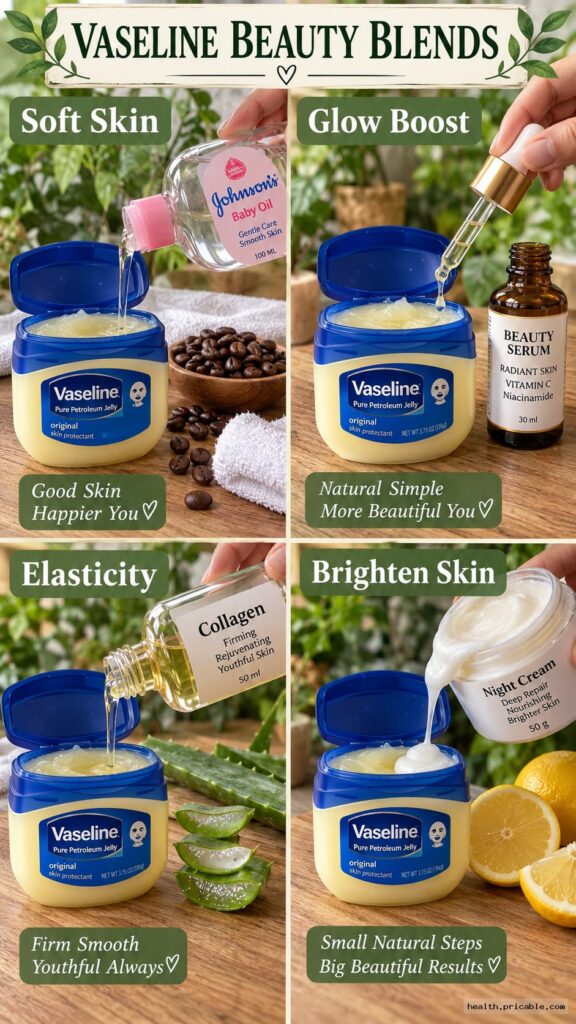A small open jar of Vaseline petroleum jelly on a clean light surface with a fresh aloe vera leaf and a small bottle of 