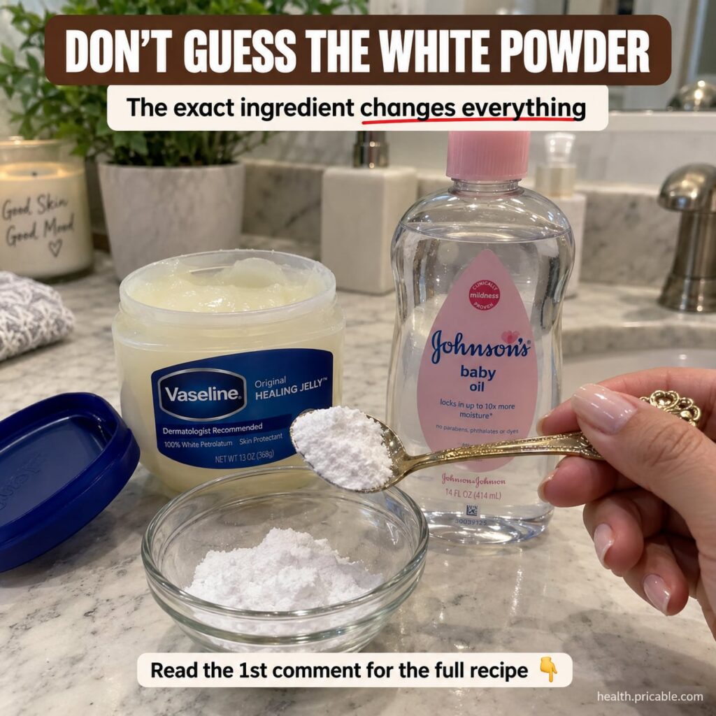 Ingredients for a DIY hydrating balm a tub of Vaseline a bottle of baby oil and a small bowl of white powder cornstarch