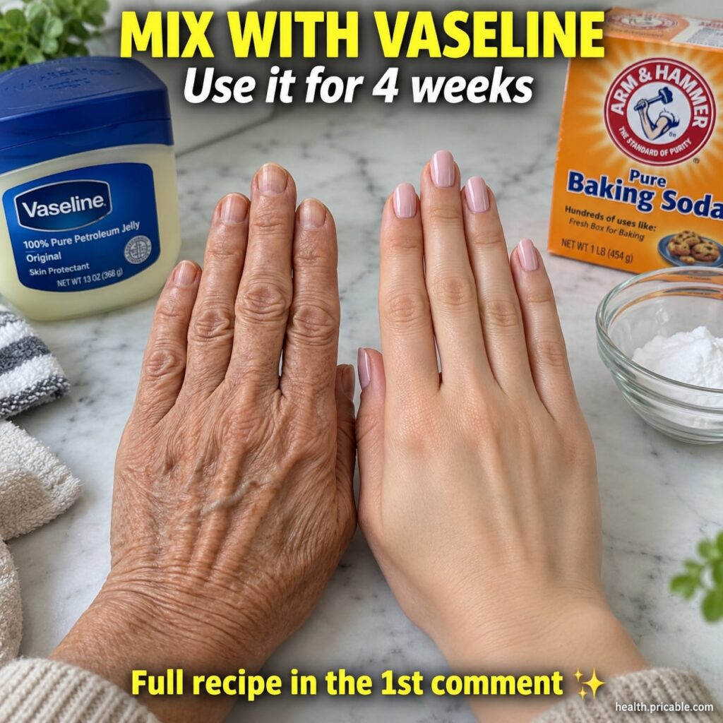 A small glass bowl with a mixture of Vaseline and baking soda with a spatula mixing them Hands are visible in the backgr