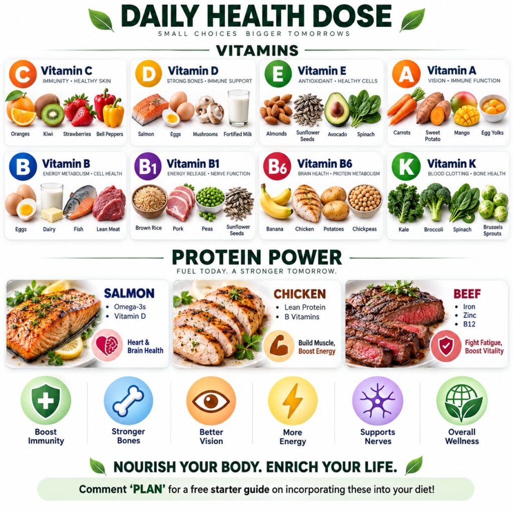 An infographic showing various protein sources divided into lean meats and plant-based options with benefits listed next