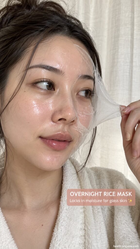 A beautiful woman with glowing smooth glass skin applying a white rice mask to her face before bed