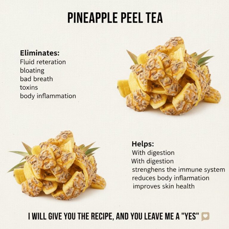 Close-up of fresh pineapple peels on a wooden cutting board with a hint of a refreshing drink in the background
