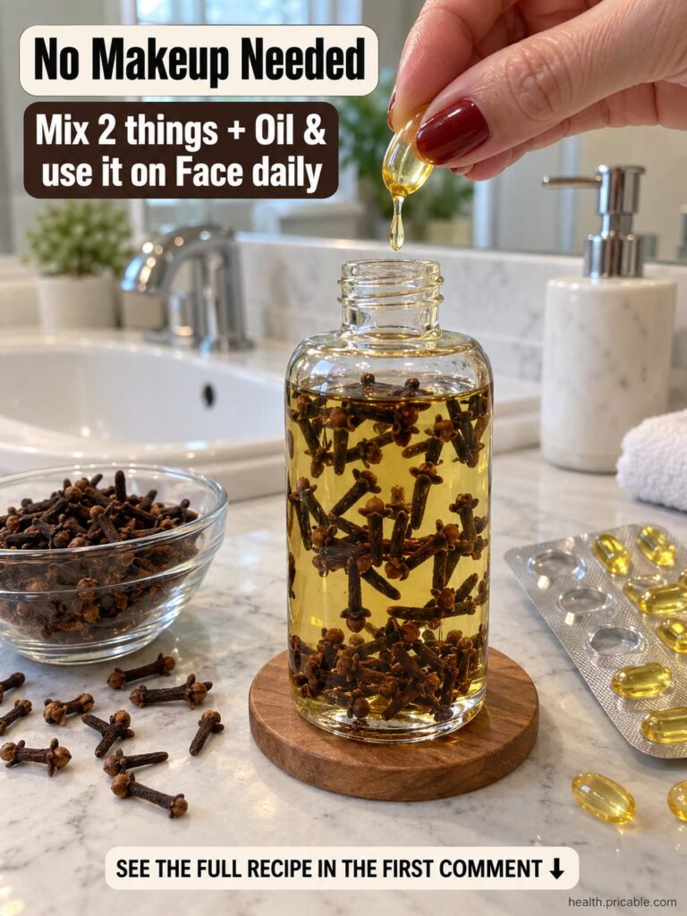 A small glass jar filled with whole cloves soaking in a clear oil with a dropper bottle of vitamin E oil nearby on a rus