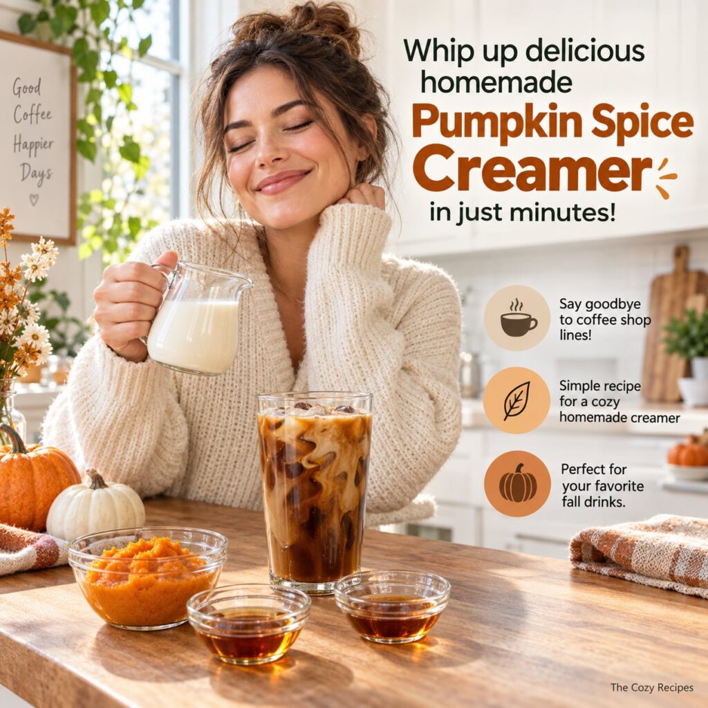 A beautiful mug of coffee with a swirl of homemade pumpkin spice creamer on top garnished with a sprinkle of pumpkin pie