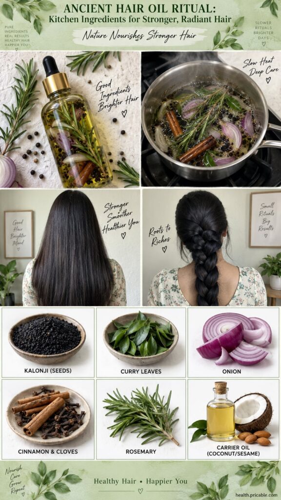 A collection of Kalonji seeds fresh green curry leaves and dried rosemary sprigs with a small bottle of golden hair oil 