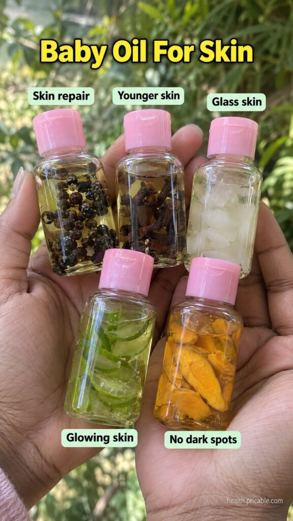 A bottle of baby oil next to small bowls of natural ingredients like jojoba oil and vitamin E capsules suggesting a DIY