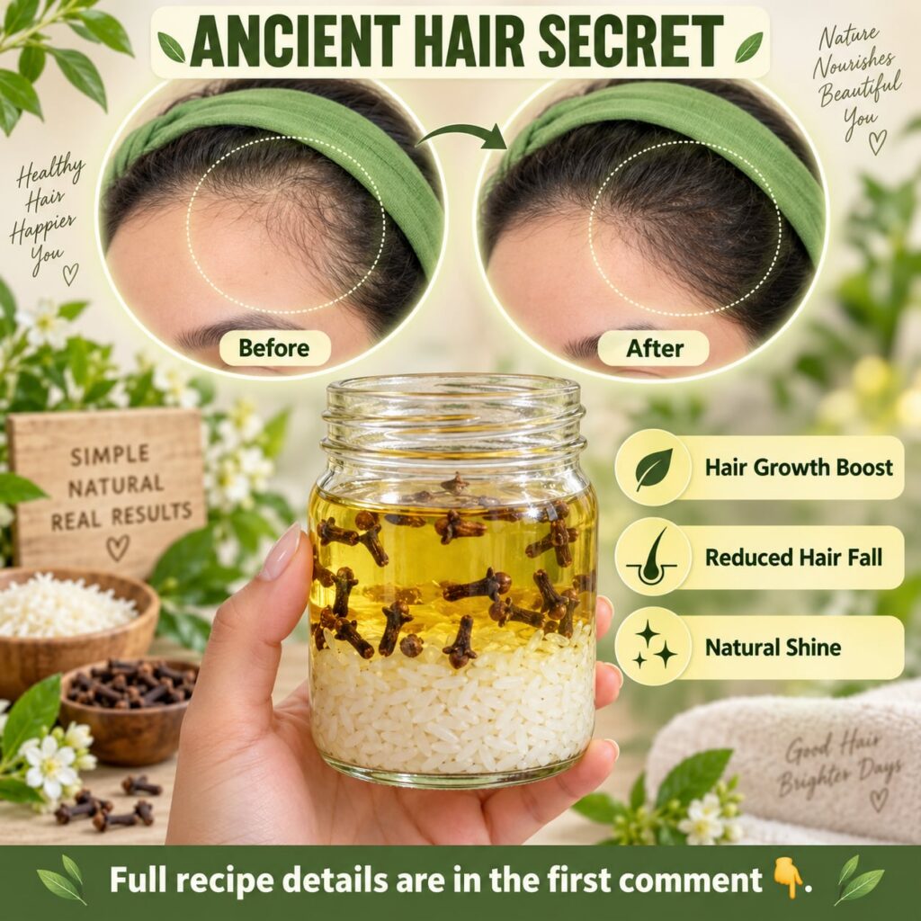 A woman with visibly healthy vibrant hair smiling confidently with rice grains and cloves subtly incorporated into the b