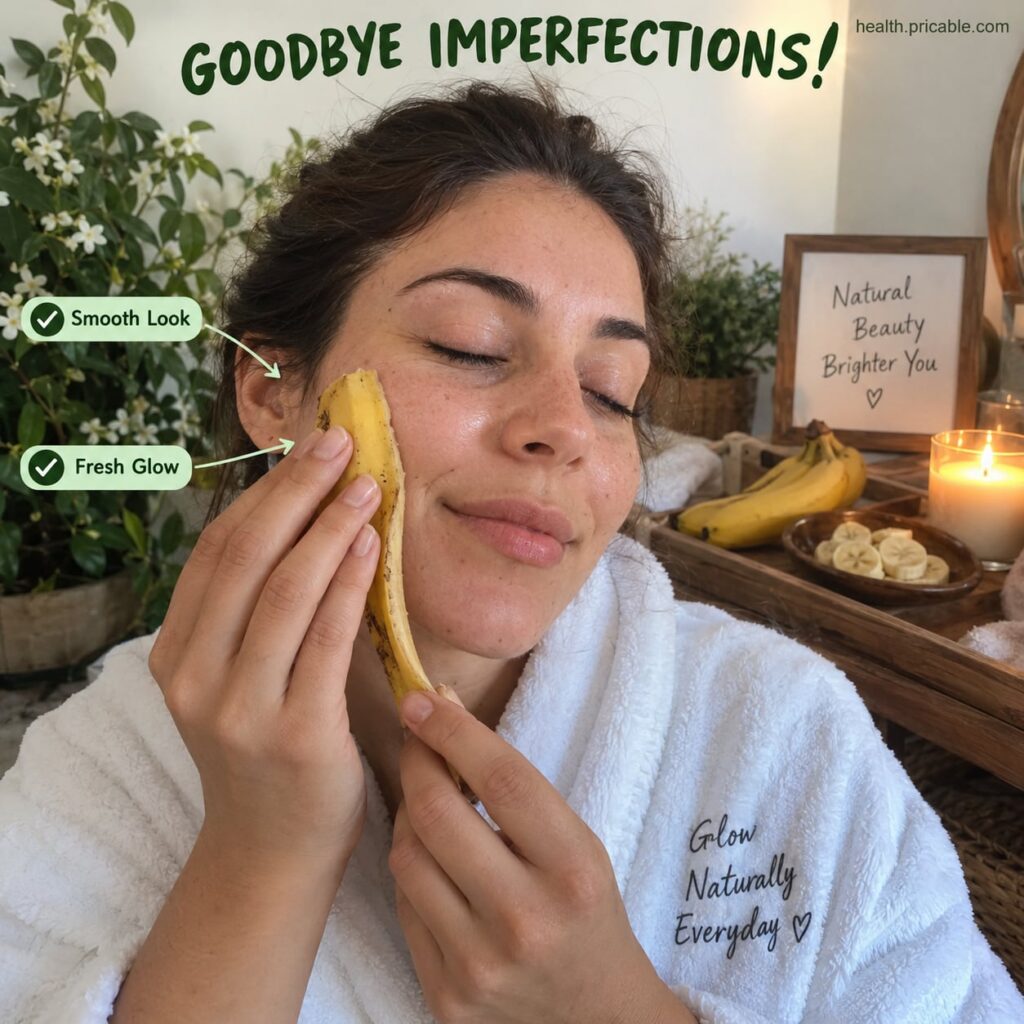 A fresh banana peel being gently applied to a woman s cheek with a blurred background showing more bananas The peel s in
