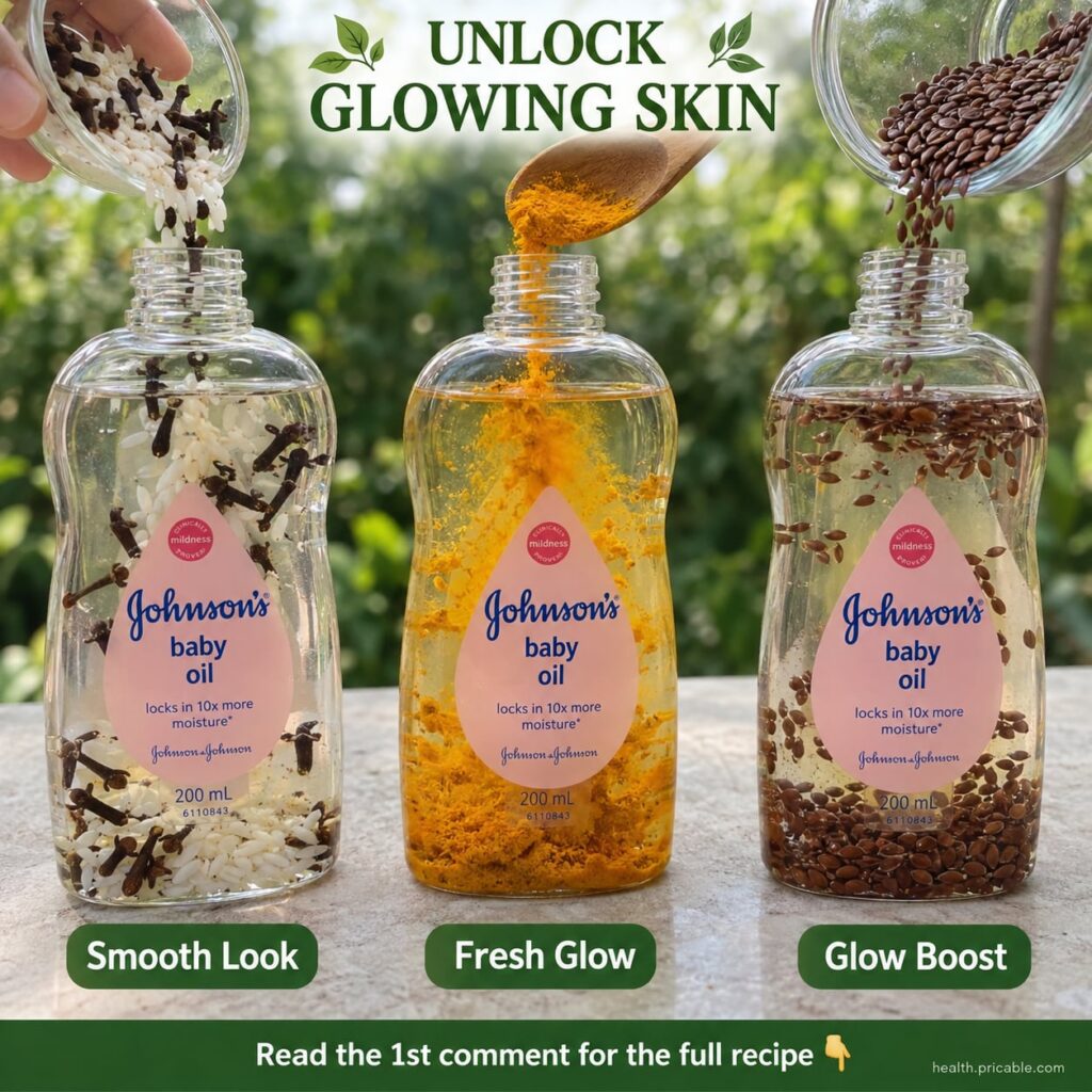 A bottle of baby oil next to small bowls of natural ingredients like rosehip oil and vitamin E capsules on a clean light