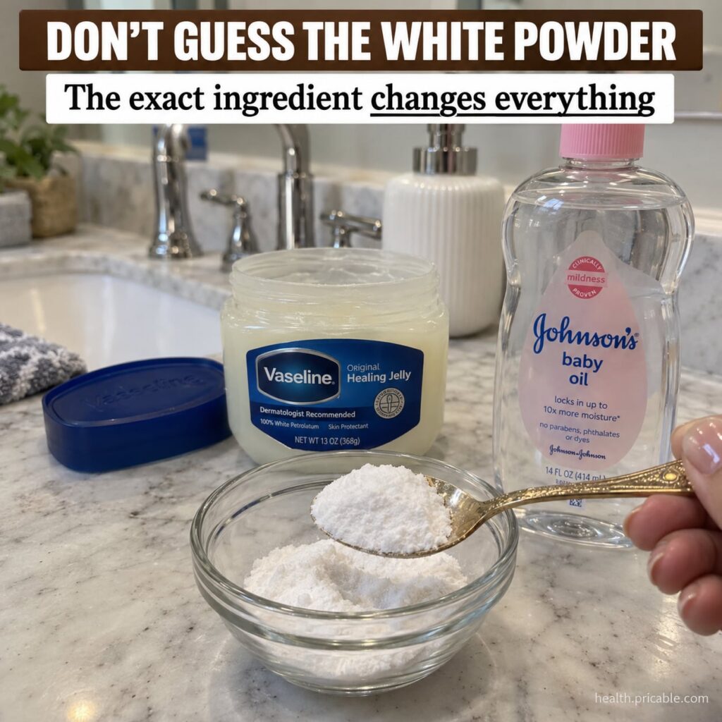 A trio of ingredients a jar of Vaseline a bottle of baby oil and a small bowl of white powder arranged neatly on a smoot