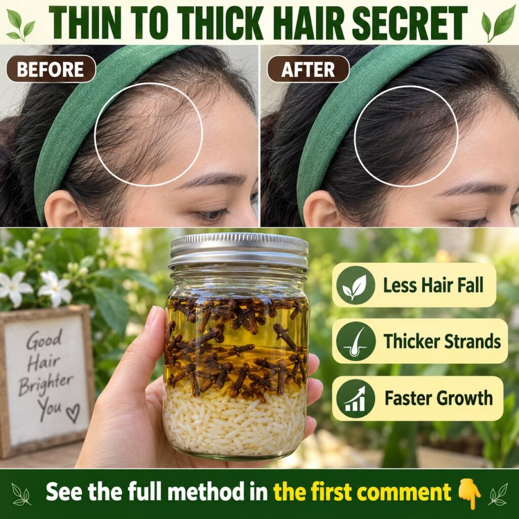 Before-and-after comparison showing a woman with noticeably thicker healthier and shinier hair after using rice water co
