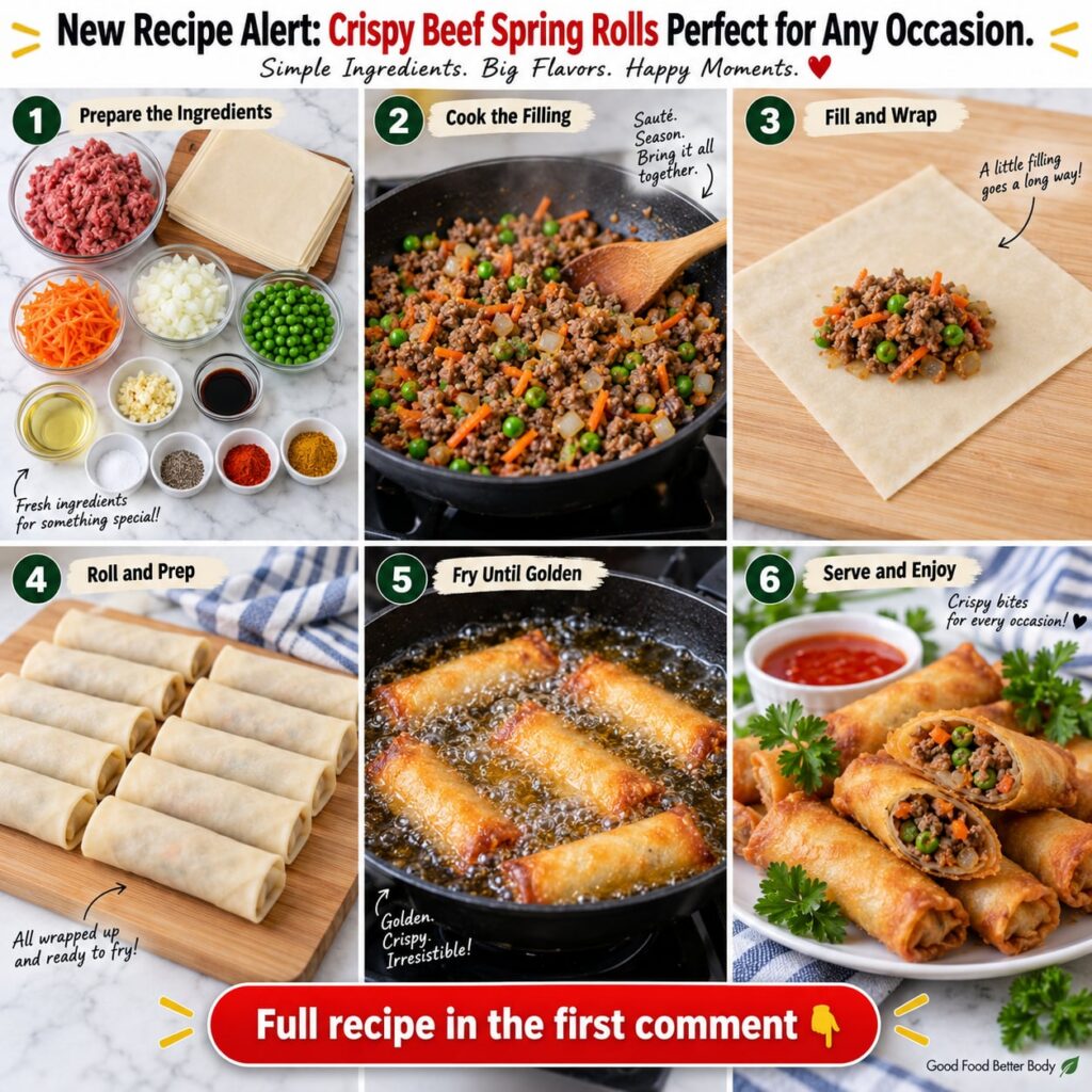 A plate of golden-brown crispy beef spring rolls cut in half to show the savory beef and vegetable filling A small bowl 