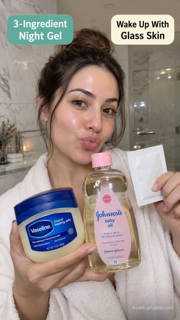 Ingredients for a 3-ingredient night gel including a jar of Vaseline a tube of aloe vera gel and a small bottle of almon
