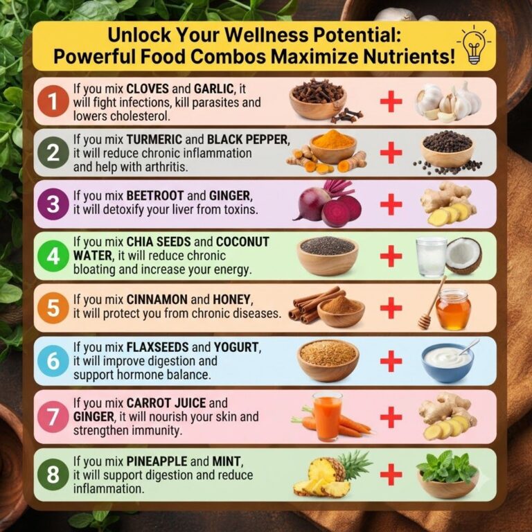 A vibrant overhead flat lay of various powerful food combinations such as turmeric with black pepper iron-rich spinach w