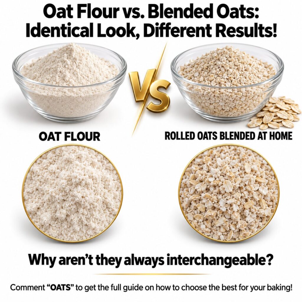A side-by-side comparison of two bowls one containing fine oat flour and the other containing blended oats highlighting