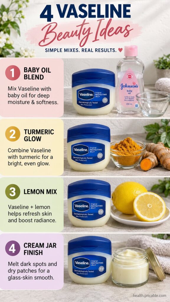 A still life composition showing a jar of Vaseline surrounded by natural beauty ingredients like sugar a lemon and a sma