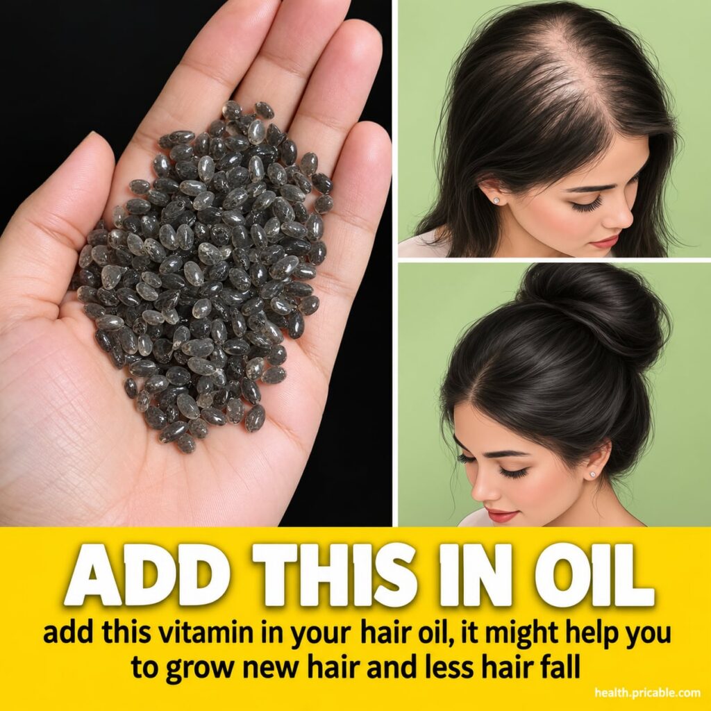 A small glass bottle filled with a golden hair oil with whole fenugreek seeds visibly steeped at the bottom The bottle i