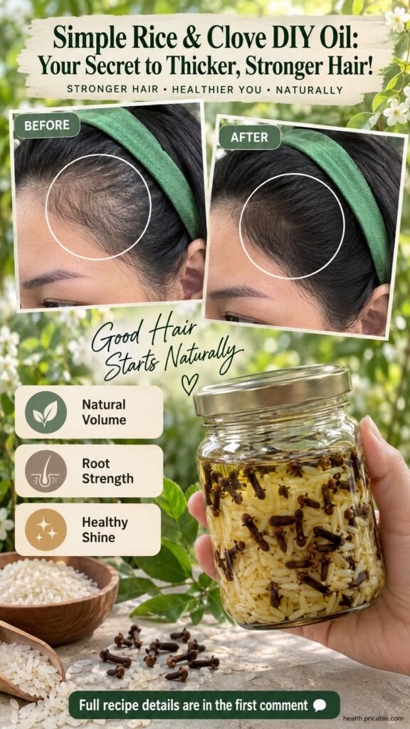 A clear glass bottle of homemade rice and clove infused hair oil with whole cloves and grains of rice visible at the bot