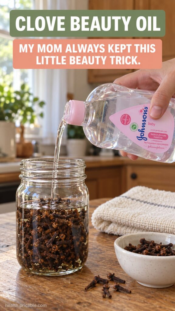 A close-up shot of whole dried cloves and a small bottle of baby oil on a rustic wooden surface ready for a DIY beauty p