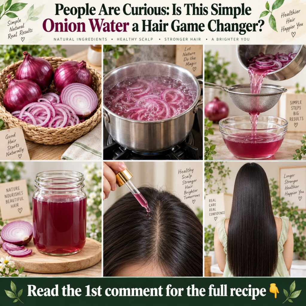 A close-up shot of a glass jar filled with clear onion water next to a chopped red onion and a small bowl of onion peels
