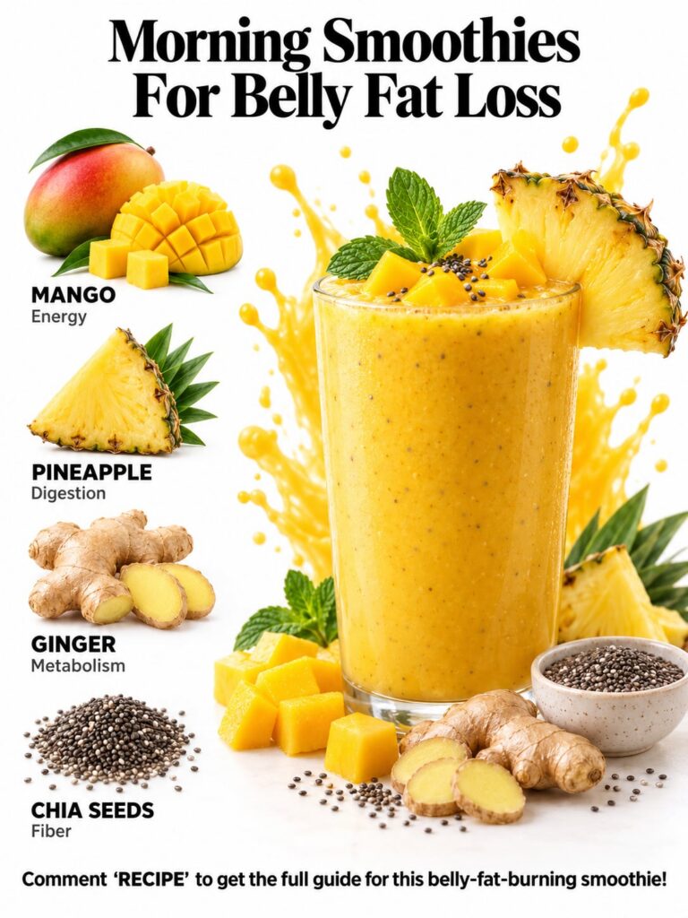 A vibrant tropical morning smoothie in a clear glass garnished with fresh fruit like mango and pineapple and a sprinkle 