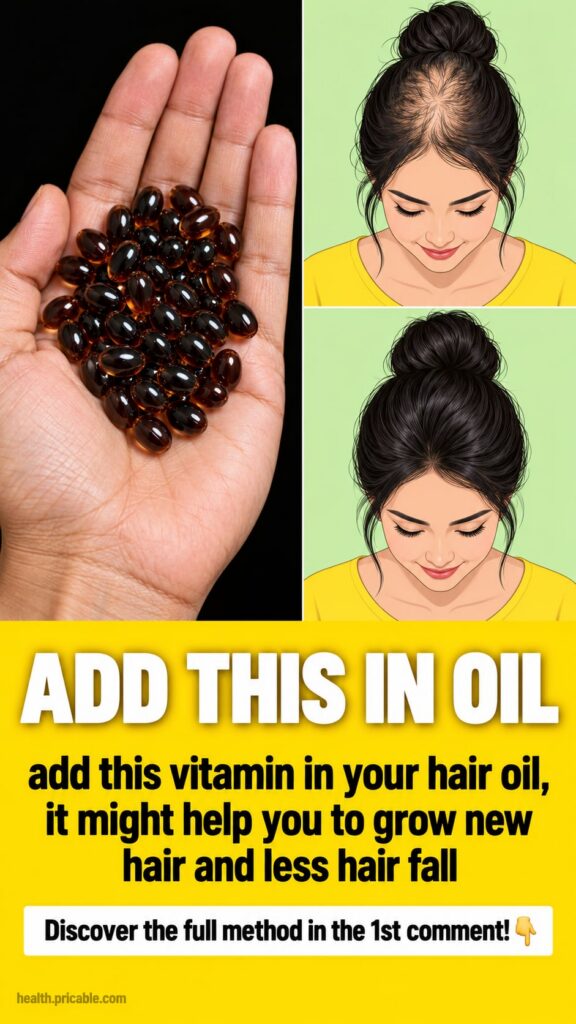 A small glass dropper bottle filled with golden hair oil next to a few Vitamin E capsules The setting is a bright bathro