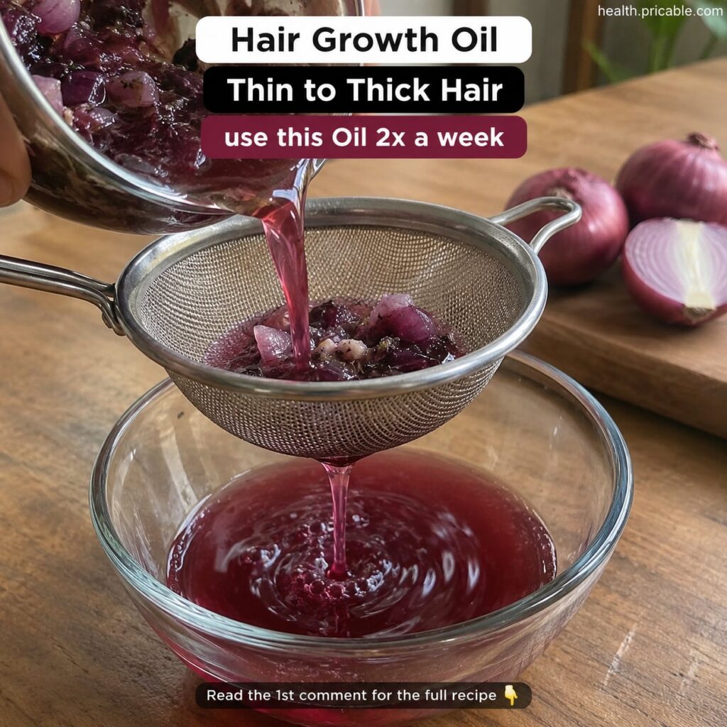 A close-up shot of chopped red onions infusing in a glass jar with a golden carrier oil showcasing the main ingredient a