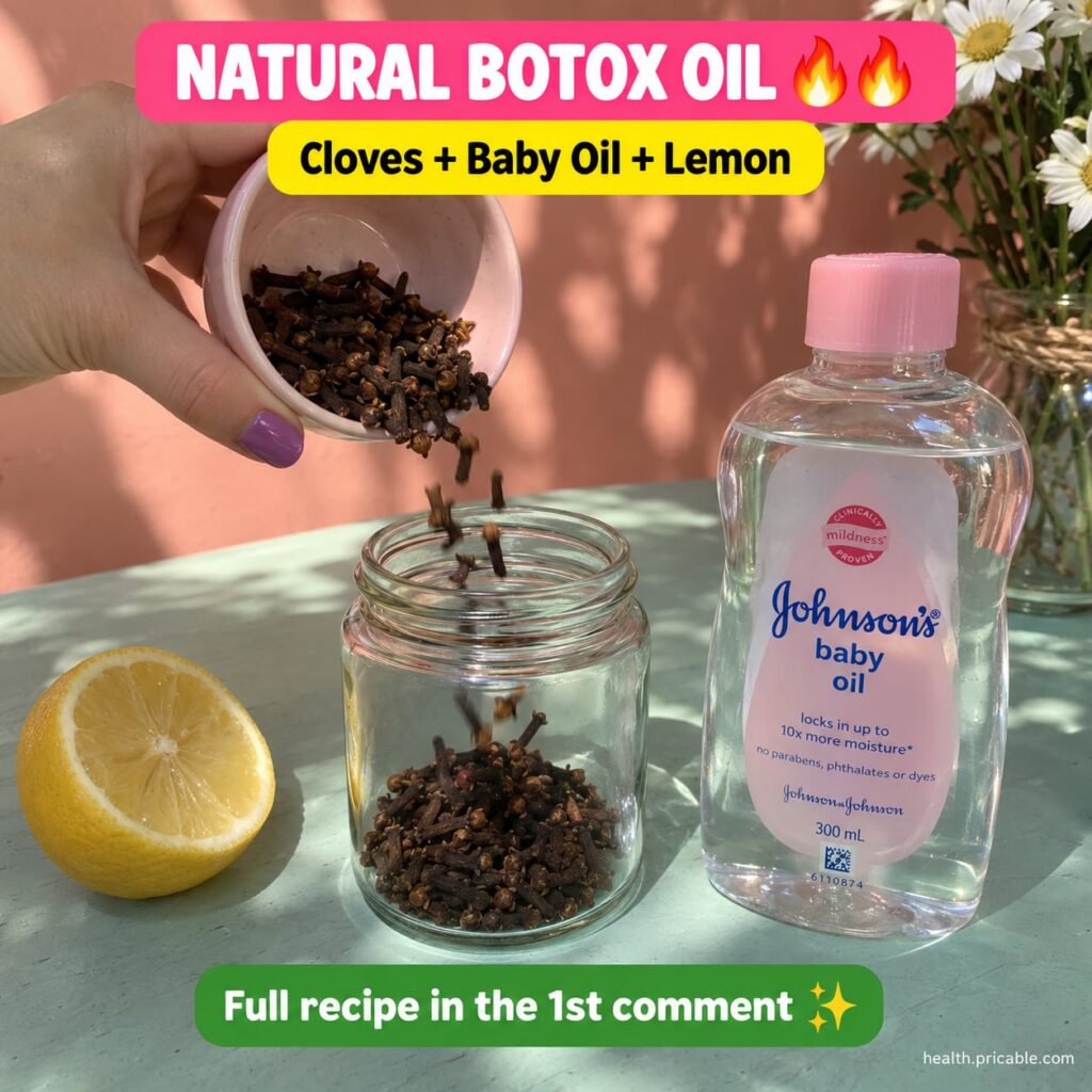 Ingredients for Natural Botox Oil displayed whole cloves a bottle of baby oil and a fresh lemon arranged on a light clea