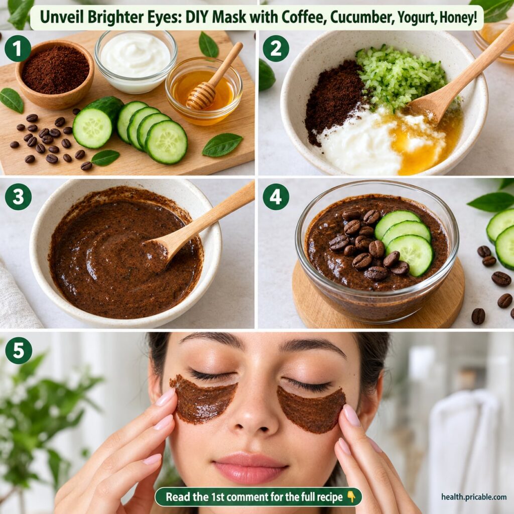 Ingredients for a DIY under-eye mask laid out on a clean surface including ground coffee sliced cucumber a bowl of yogur