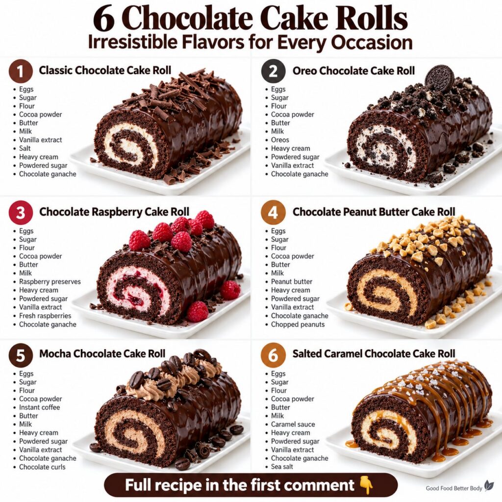 A perfectly rolled classic chocolate cake roll dusted with cocoa powder on a clean white serving plate The cut end revea