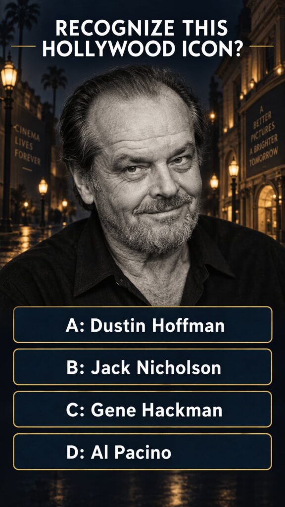 A close-up portrait of Jack Nicholson with his iconic smirk looking slightly off-camera with a dark nondescript backgrou