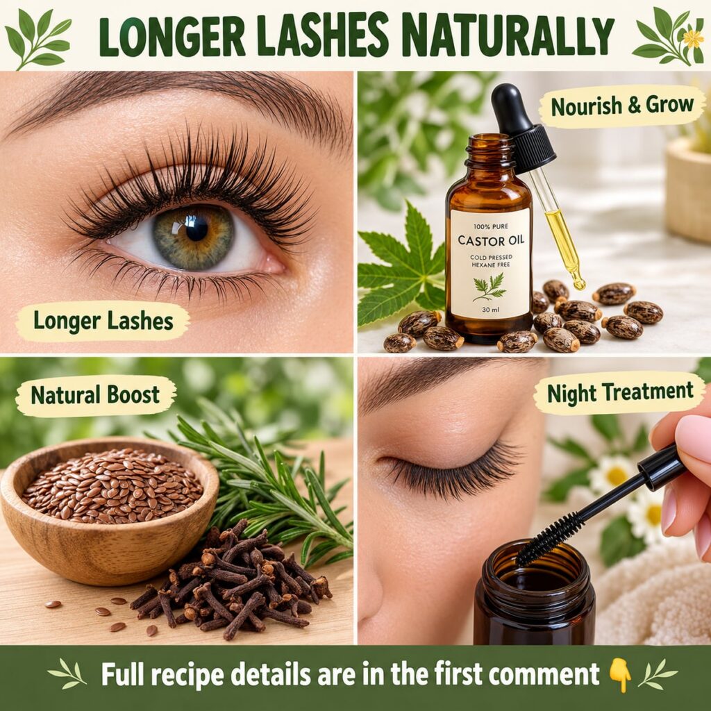 A collection of natural ingredients a bottle of castor oil fresh rosemary sprigs flaxseeds in a bowl and whole cloves ar
