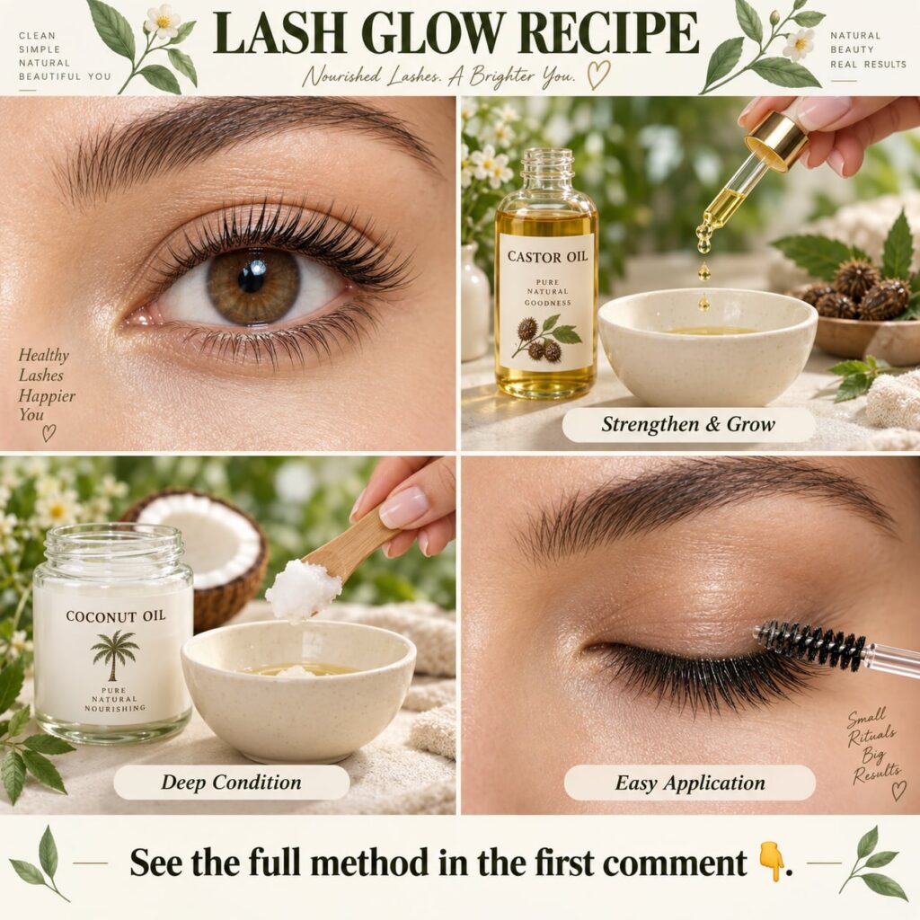 A close-up of a small glass bottle filled with a golden oil a small brush applicator and a fresh coconut and a bottle of